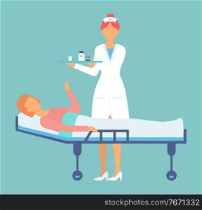 Hospitalization of the patient. A nurse or family doctor wearing uniform with medicine taking care of a sick woman lying in a medical bed. Healthcare poster, medical worker care for a sick person. Hospitalization of the patient. A nurse medicine taking care of a sick woman lying in a medical bed