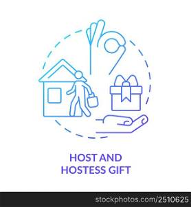 Host and hostess gift blue gradient concept icon. Bring present to dinner party. Social etiquette abstract idea thin line illustration. Isolated outline drawing. Myriad Pro-Bold font used. Host and hostess gift blue gradient concept icon