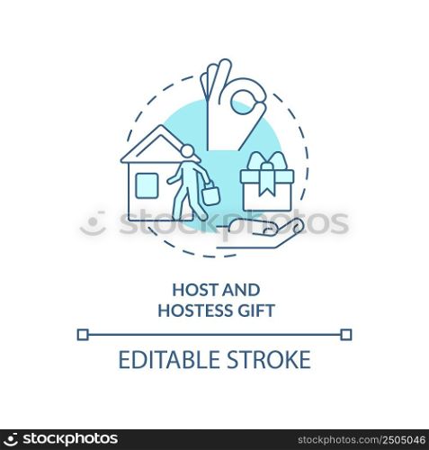Host and hostess gift turquoise concept icon. Bring present. Social etiquette abstract idea thin line illustration. Isolated outline drawing. Editable stroke. Arial, Myriad Pro-Bold fonts used. Host and hostess gift turquoise concept icon