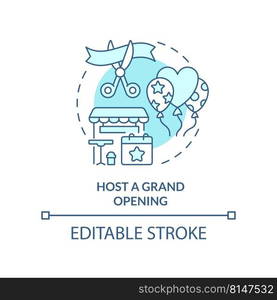 Host grand opening turquoise concept icon. Effective restaurant advertisement abstract idea thin line illustration. Isolated outline drawing. Editable stroke. Arial, Myriad Pro-Bold fonts used. Host grand opening turquoise concept icon