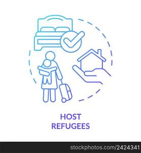 Host refugee blue gradient concept icon. Provide home and room. Temporary housing. Helping refugees abstract idea thin line illustration. Isolated outline drawing. Myriad Pro-Bold font used. Host refugee blue gradient concept icon