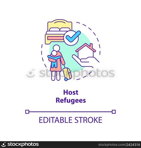 Host refugee concept icon. Provide home and room. Helping refugees abstract idea thin line illustration. Isolated outline drawing. Editable stroke. Arial, Myriad Pro-Bold fonts used. Host refugee concept icon