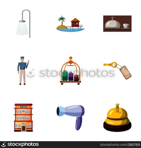 Hostel accommodation icons set. Cartoon illustration of 9 hostel accommodation vector icons for web. Hostel accommodation icons set, cartoon style