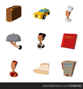 Hostel accommodation icons set. Cartoon illustration of 9 hostel accommodation vector icons for web. Hostel accommodation icons set, cartoon style