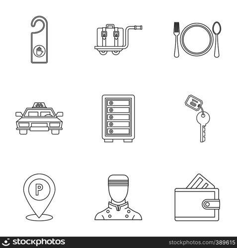 Hostel accommodation icons set. Outline illustration of 9 hostel accommodation vector icons for web. Hostel accommodation icons set, outline style