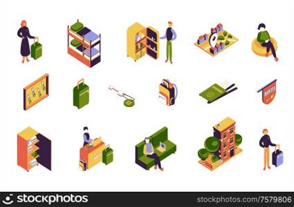 Hostel building interior and guests isometric icons set isolated on white background 3d vector illustration