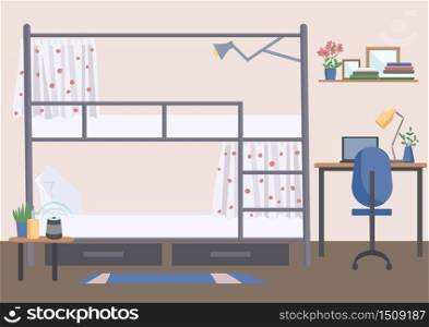 Hostel, dorm room flat color vector illustration. University dormitory, accommodation 2D cartoon interior with bunk bed on background. Student lifestyle, college experience. Empty shared room