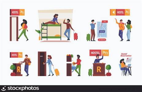Hostel furniture. Sharing students room college persons life style in interior room live persons modern hotel furniture vector simple illustrations. Interior furniture bedroom accommodation students. Hostel furniture. Sharing students room college persons life style in interior room live persons modern hotel furniture garish vector simple illustrations