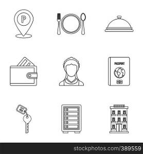 Hostel icons set. Outline illustration of 9 hostel vector icons for web. Hostel icons set, outline style