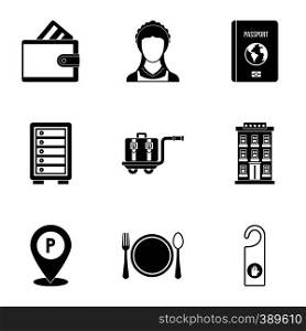 Hostel icons set. Simple illustration of 9 hostel vector icons for web. Hostel icons set, simple style
