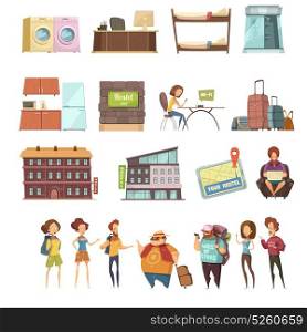 Hostel Isolated Retro Icons Set. Hostel isolated retro icons set in cartoon style with backpackers guesthouse buildings and elements of hotel interior flat vector illustration