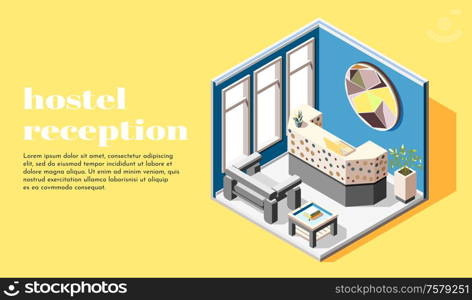 Hostel isometric background with reception rack for guest meeting and registration 3d vector illustration