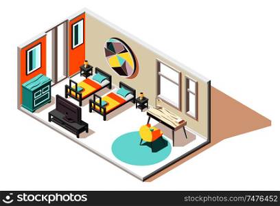 Hostel isometric composition of guest room interior with two beds tv chest and coffee table vector illustration