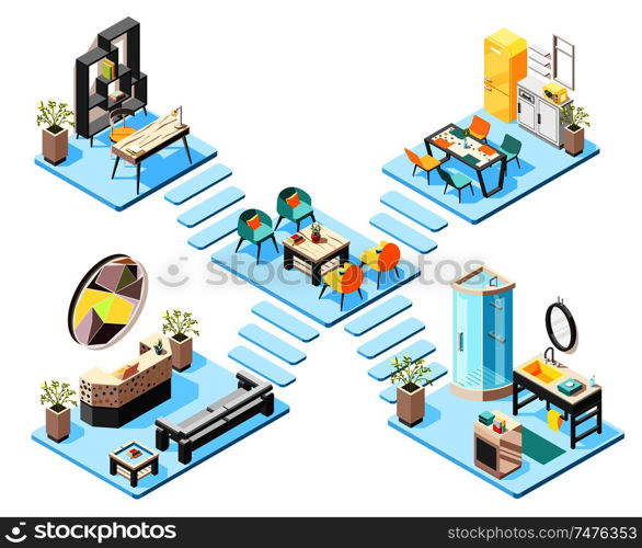 Hostel isometric design concept set with elements and furniture of hall reception bathroom isometric interiors vector illustration