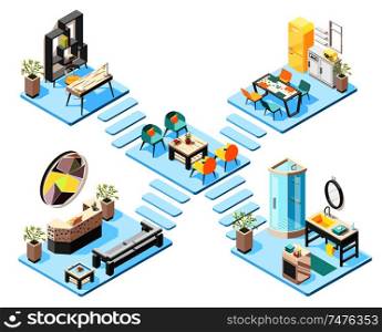 Hostel isometric design concept set with elements and furniture of hall reception bathroom isometric interiors vector illustration