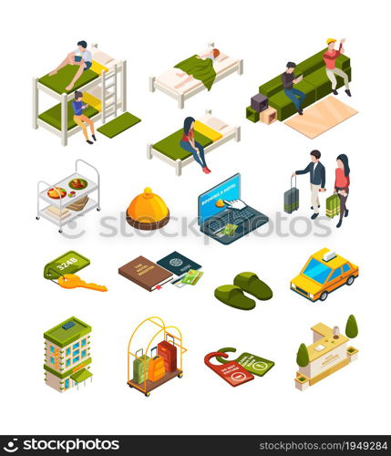 Hostel isometric. Hotel business symbols sofas hostelers travellers luggage couch vector collection. Illustration isometric hotel room, 3d interior furniture, staff receptionist. Hostel isometric. Hotel business symbols sofas hostelers travellers luggage couch vector collection