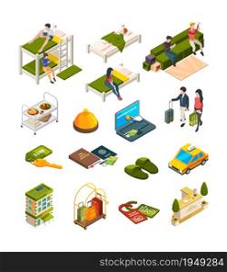 Hostel isometric. Hotel business symbols sofas hostelers travellers luggage couch vector collection. Illustration isometric hotel room, 3d interior furniture, staff receptionist. Hostel isometric. Hotel business symbols sofas hostelers travellers luggage couch vector collection