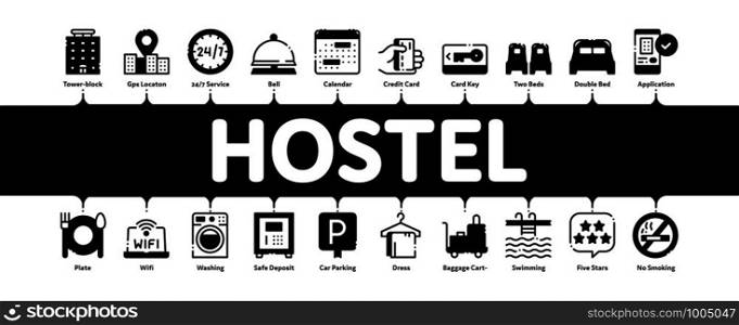 Hostel Minimal Infographic Web Banner Vector. Building Hostel And Location, Calendar And Parking Symbol, Bed And Laundry Machine Linear Pictograms. Wifi Internet Contour Illustrations. Hostel Minimal Infographic Banner Vector
