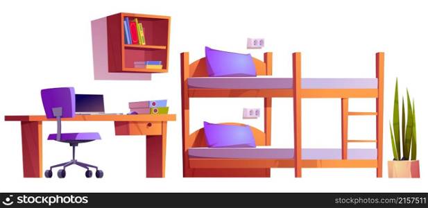 Hostel or student dormitory room interior stuff bunk bed with ladder, plant, bookshelf, workplace desk with laptop, files and chair. University living apartment items, isolated cartoon vector set. Hostel or student dormitory room interior stuff