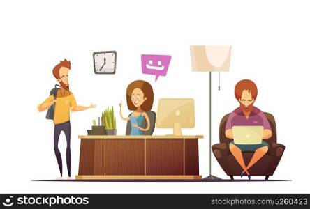 Hostel Reception Design Concept. Hostel reception cartoon design concept with administrator talking with visitors at workplace flat vector illustration