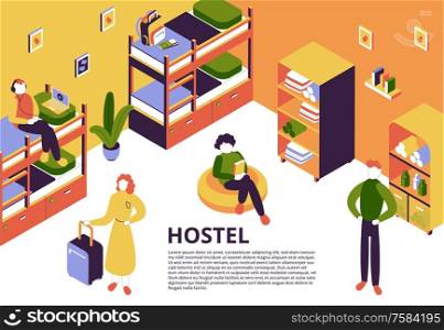 Hostel room interior and resting people 3d isometric vector illustration. Hostel Isometric Illustration