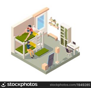 Hostel room interior. Bedroom in hotel accommodation architecture rest room for students contemporary residential vector isometric. Hostel indoor to travel, apartment comfortable space illustration. Hostel room interior. Bedroom in hotel accommodation architecture rest room for students contemporary residential vector isometric