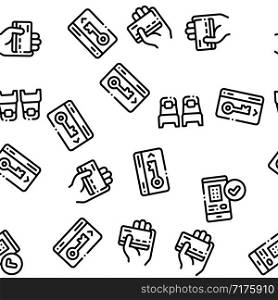 Hostel Seamless Pattern Vector. Building Hostel And Location, Calendar And Parking Symbol, Bed And Laundry Machine Linear Pictograms. Wifi Internet Illustration. Hostel Seamless Pattern Vector