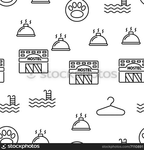 Hostel, Tourist Accommodation Vector Seamless Pattern Thin Line Illustration. Hostel, Tourist Accommodation Vector Linear Icons Set