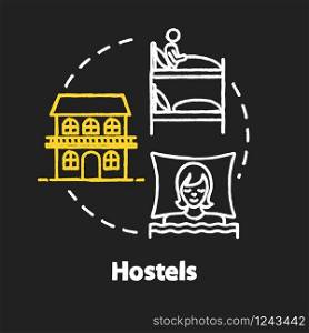 Hostels chalk RGB color concept icon. Affordable accommodation, budget travel idea. Cheap hotel service, guesthouse lodging. Vector isolated chalkboard illustration on black background