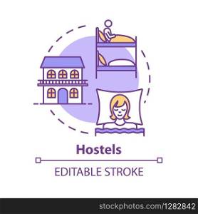 Hostels concept icon. Affordable accommodation, budget travel idea thin line illustration. Cheap hotel, guesthouse lodging. Vector isolated outline RGB color drawing. Editable stroke