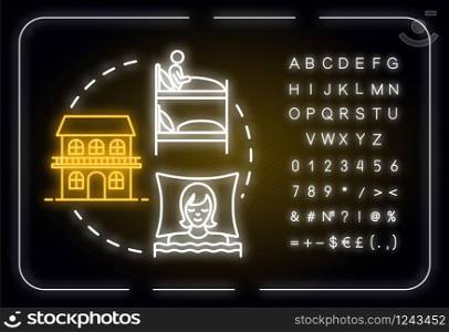 Hostels neon light concept icon. Affordable accommodation, budget travel idea. Inexpensive rest. Outer glowing sign with alphabet, numbers and symbols. Vector isolated RGB color illustration