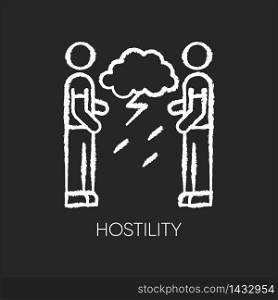Hostility chalk white icon on black background. Aggressive behaviour. Dispute with offended man. Disgust toward enemy. Tense relationship. Psychological issue. Isolated vector chalkboard illustration. Hostility chalk white icon on black background