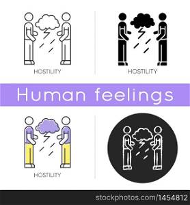 Hostility icon. Aggressive behaviour. Dispute with offended man. Disgust toward enemy. Tense relationship. Psychological issue. Linear black and RGB color styles. Isolated vector illustrations. Hostility icon