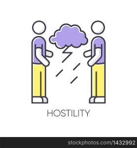 Hostility RGB color icon. Aggressive behaviour. Dispute with offended man. Disgust toward enemy. Tense relationship. Psychological issue. Problem with bad attitude. Isolated vector illustration. Hostility RGB color icon