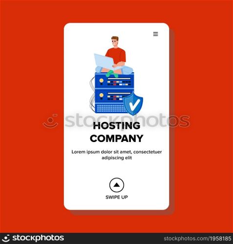 Hosting Company Worker Checking Server Vector. Hosting Company Developer With Laptop Check And Fix Computing Equipment For Success Service. Character It Job Web Flat Cartoon Illustration. Hosting Company Worker Checking Server Vector