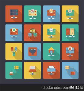 Hosting computer network flat icons set with computer technology elements isolated vector illustration
