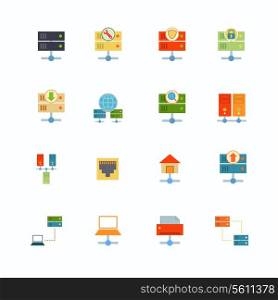 Hosting computer network flat icons set with file dashboard infrastructure elements isolated vector illustration