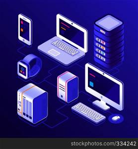 Hosting data server, pc, laptop computer, smart watch, NAS, smartphone or mobile phone. Devices for business isometric 3d vector illustration. Hosting data server, pc, laptop computer, smart watch, NAS, smartphone or mobile phone. Devices for business isometric vector illustration