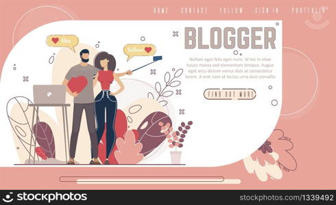 Hosting Platform for Video Blogging and Content Sharing, Popular Vlogger, Streamer Site Web Banner, Landing Page. Man, Woman Shooting Selfie, Recording Video on Phone Trendy Flat Vector Illustration