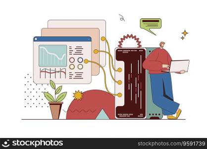 Hosting provider concept with character situation in flat design. Man works in technical support, maintains and monitors hardware equipment on laptop. Vector illustration with people scene for web