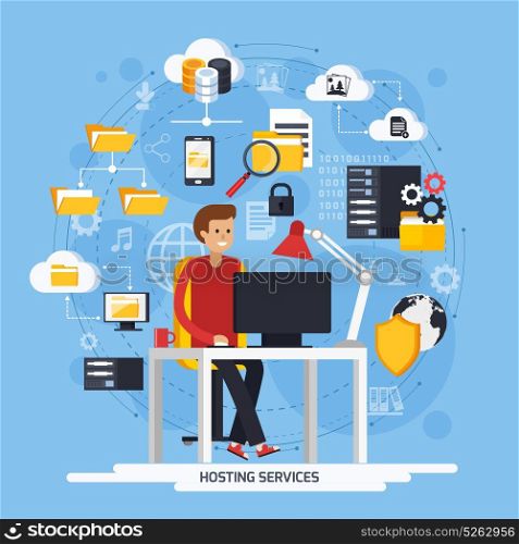 Hosting Services Concept. Hosting services concept with Internet and data symbols on blue background flat vector illustration