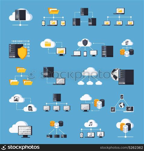 Hosting Services Icons Set. Hosting services icons set on blue background flat isolated vector illustration