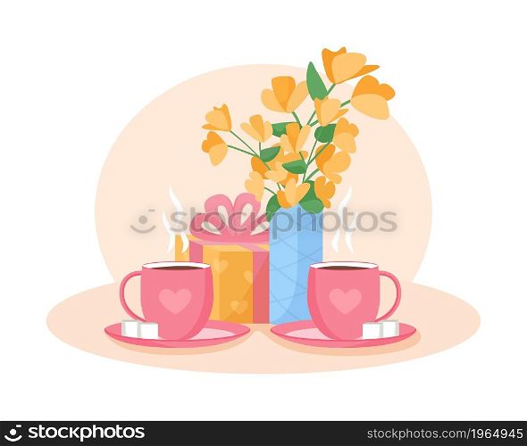 Hosting tea party on birthday 2D vector isolated illustration. Party food and treats flat composition on cartoon background. Relaxed atmosphere. Drinking tea with friends colourful scene. Hosting tea party on birthday 2D vector isolated illustration