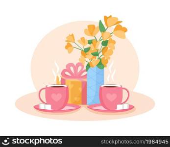 Hosting tea party on birthday 2D vector isolated illustration. Party food and treats flat composition on cartoon background. Relaxed atmosphere. Drinking tea with friends colourful scene. Hosting tea party on birthday 2D vector isolated illustration