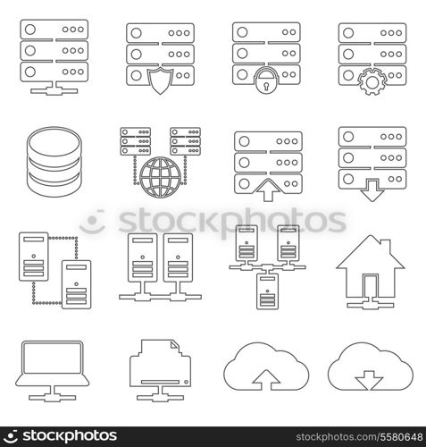 Hosting technology computer global network security and communications icons set isolated vector illustration