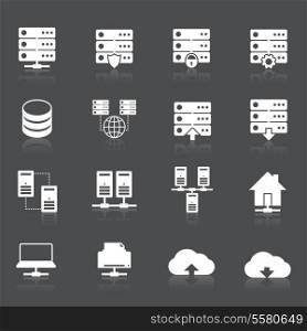 Hosting technology computer network services icons set with rack monitor drive elements isolated vector illustration