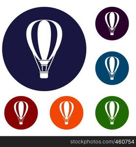 Hot air ballon icons set in flat circle reb, blue and green color for web. Hot air ballon icons set