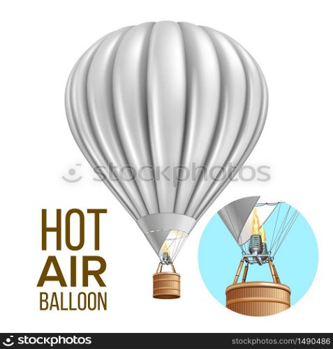 Hot Air Balloon Airship Traveling Transport Vector. Blank Air Balloon With Basket And Burning Heating Gas Equipment. Flying Transportation Colorful Template Realistic 3d Illustration. Hot Air Balloon Airship Traveling Transport Vector