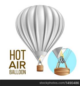 Hot Air Balloon Airship Traveling Transport Vector. Blank Air Balloon With Basket And Burning Heating Gas Equipment. Flying Transportation Colorful Template Realistic 3d Illustration. Hot Air Balloon Airship Traveling Transport Vector
