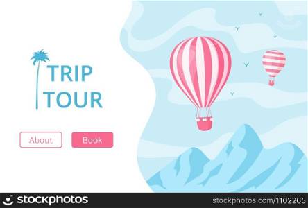 Hot air balloon booking trip tour concept vector illustration. Online travel booking service landing page template with red hot air balloon on blue mountain landscape for tour reservation website. Hot air balloon booking trip tour vector concept